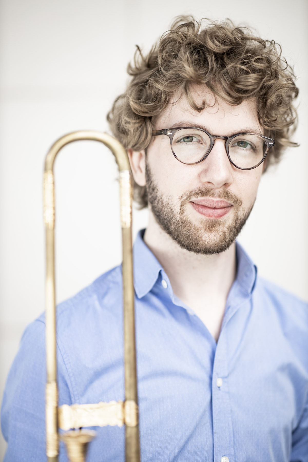 Portrait of Matthijs van der Moolen, sackbut or baroque trombone player of the Castello Consort. Photo by Foppe Schut.